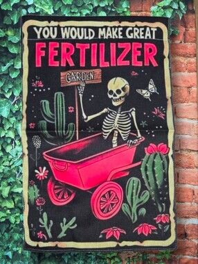 All Season Humorous Fertilizer Skeleton Garden Flag with Pink Accents NEW!